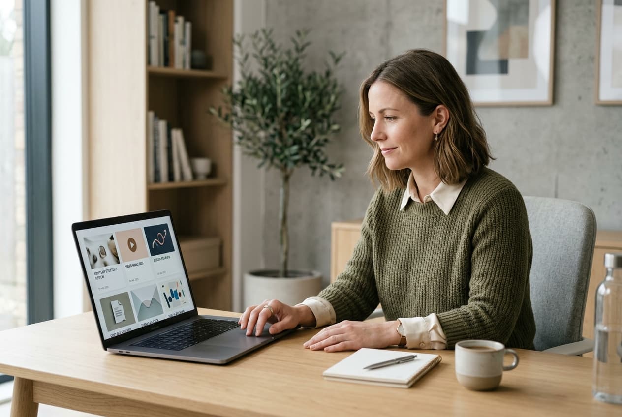 Business owner reviewing content and planning next steps on a laptop