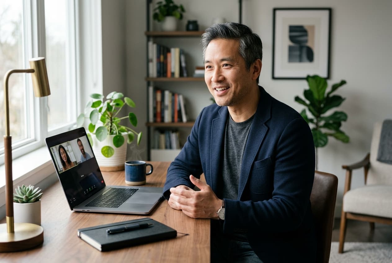Business owner taking part in a remote interview on a laptop
